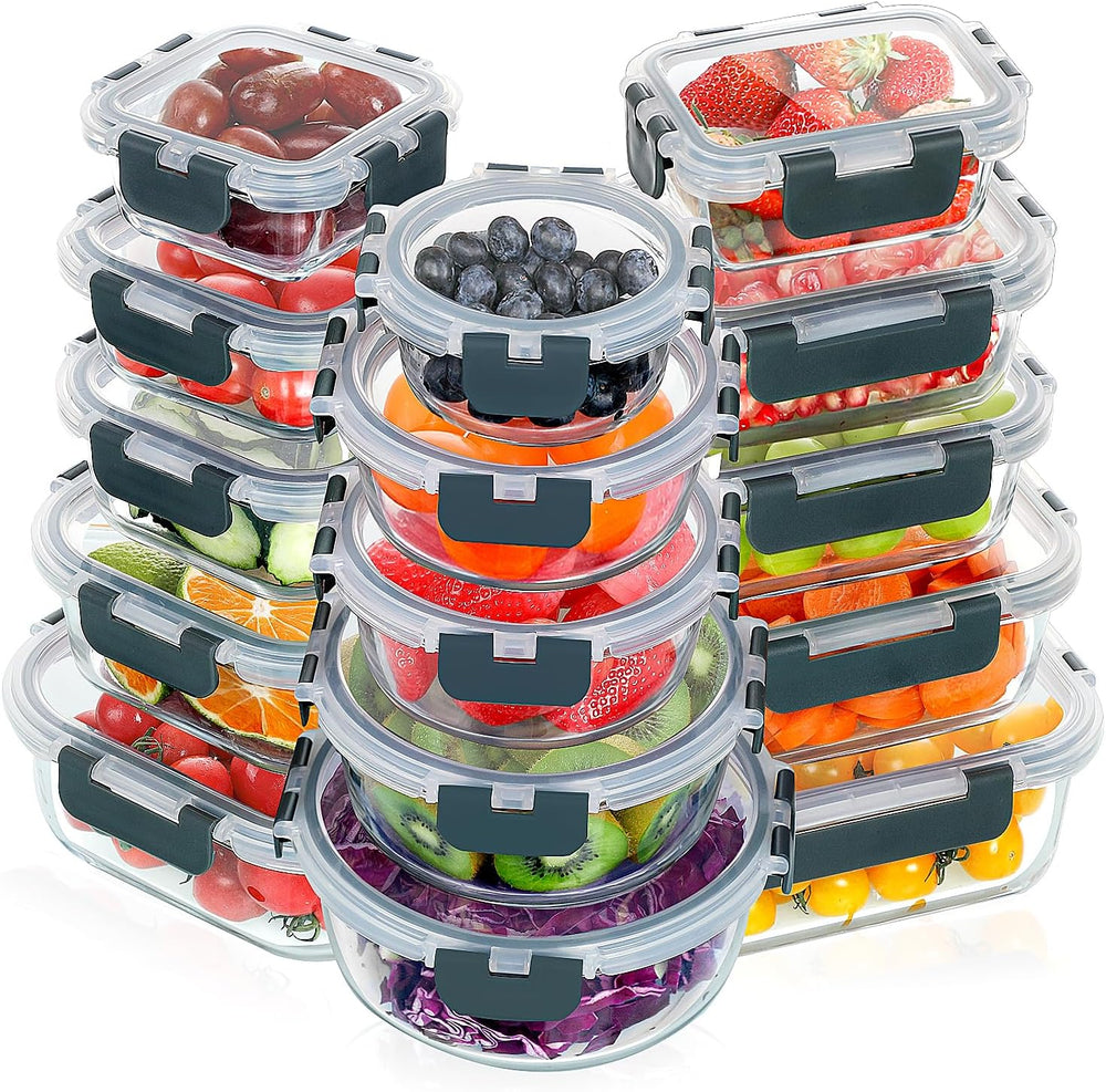 VERONES 30 Pieces Glass Meal Prep Containers Set, Stackable Glass Food Storage