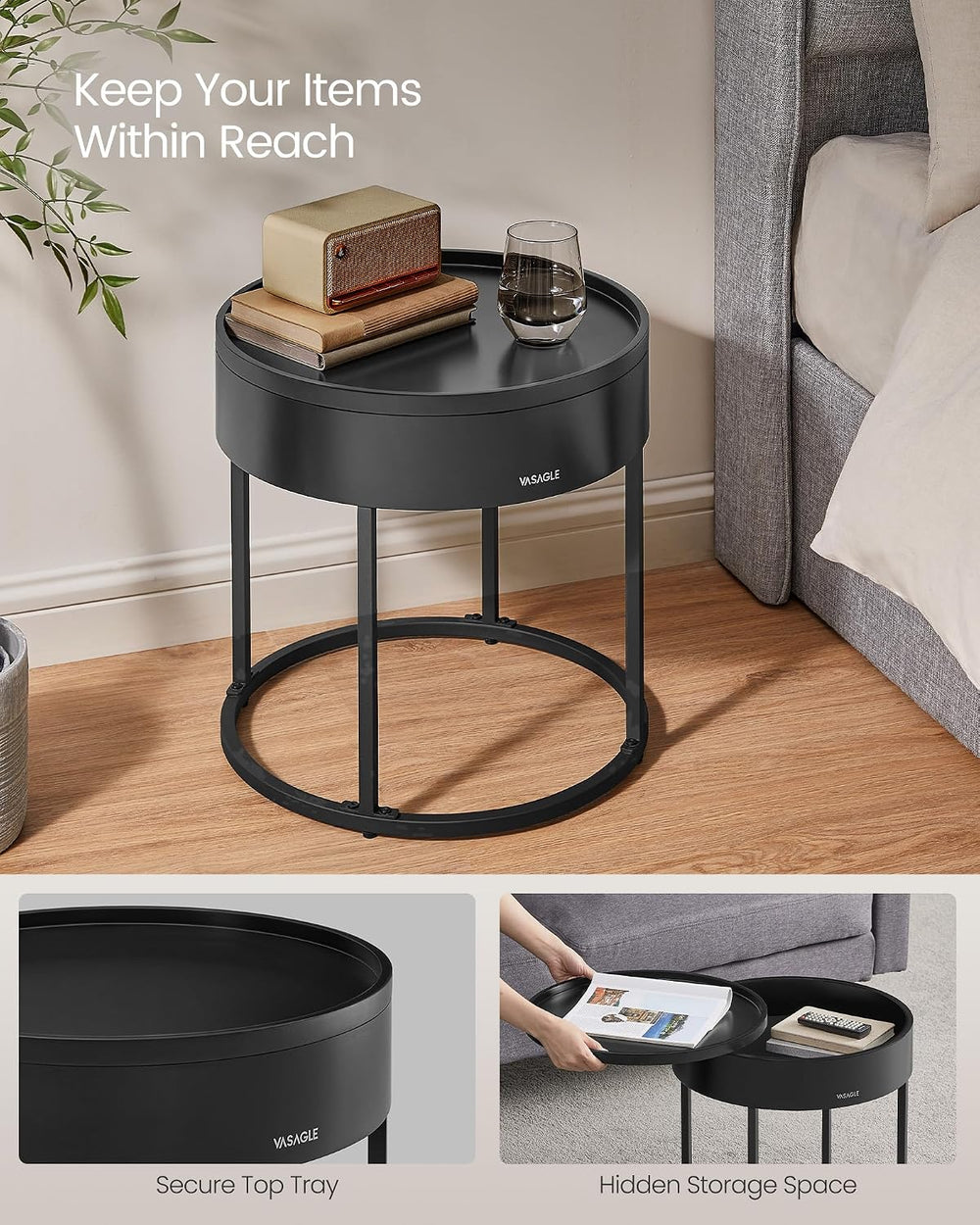 VASAGLE Round Coffee Tables, Set of 2 Nesting Tables, Hidden Storage