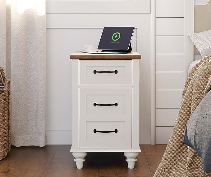 WAMPAT End Table with Charging Station, White Side Table with Storage Cabinet...