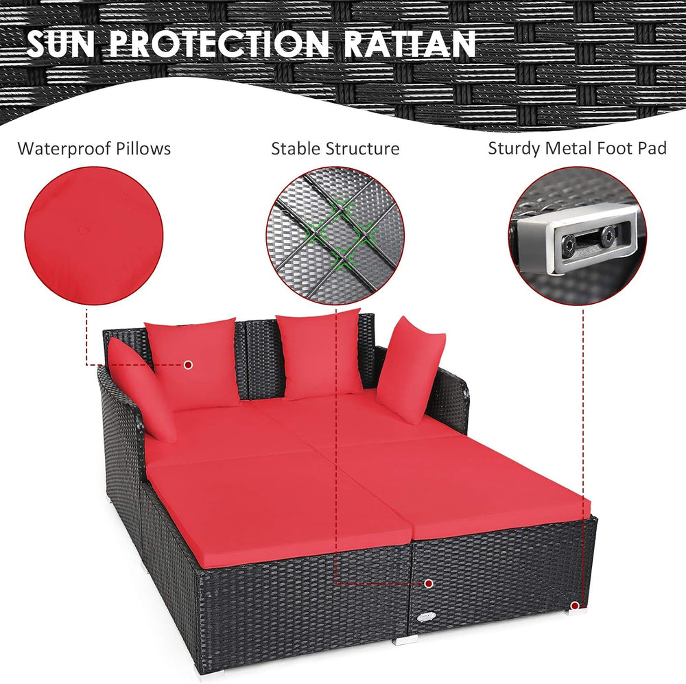 COSTWAY Outdoor Patio Rattan Daybed, Sponge Cushioned Loveseat Sofa