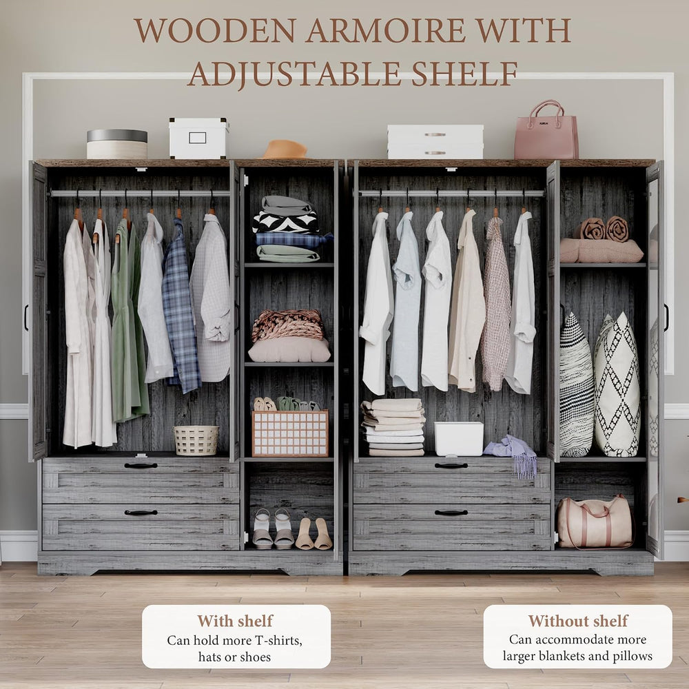Brafab 62" Wooden Armoire Wardrobe Closet with Mirror, Grey, 3 Doors