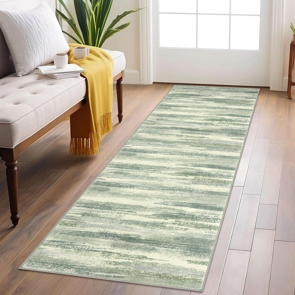 Lansny Modern Abstract Runner Rug 2x6, Sage Green Grey Washable Entryway Runner