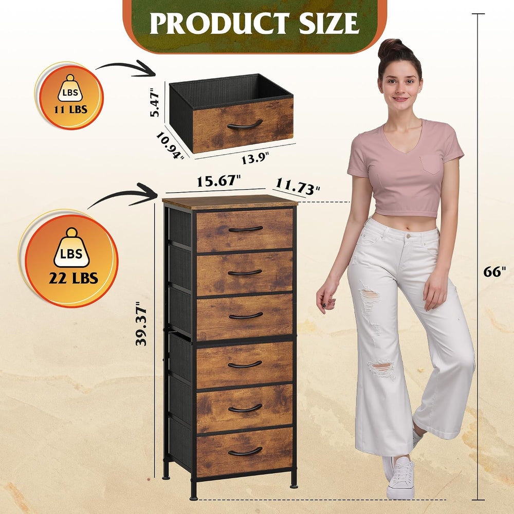 WLIVE Tall Fabric Dresser for Bedroom, 6 Drawers Storage Cabinet, Brown