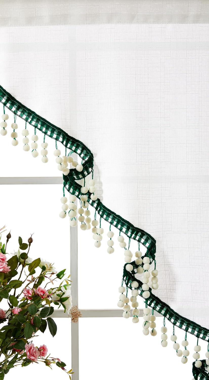 Estmy Boho Cute Christmas Tree Kitchen Curtain, White and Green, 47'W x 3...