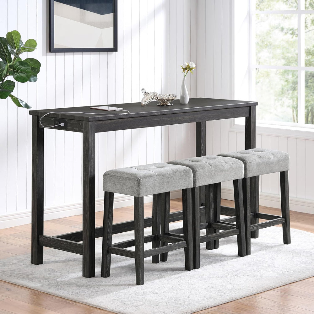 Bar Table Set with Power Outlet, 4 Piece Bar Table and Chairs Set, Industrial...