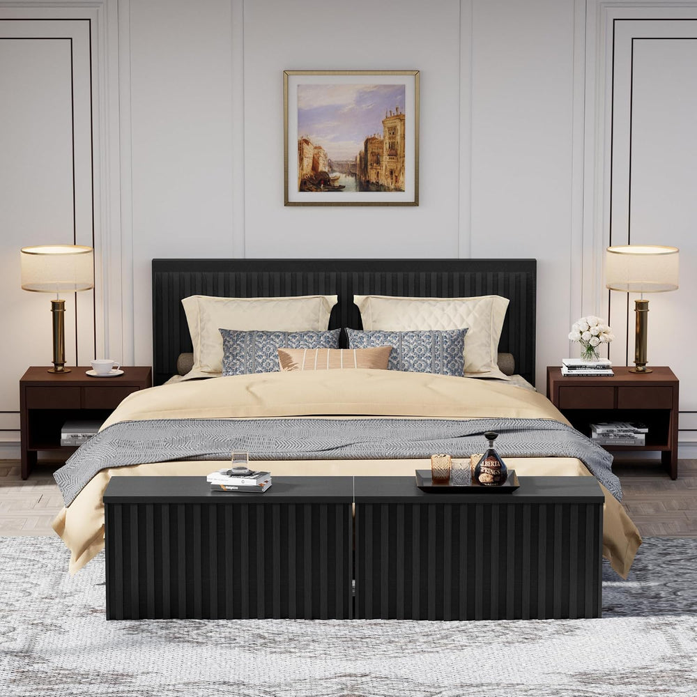 UEV Black Storage Bench Set of 2, 39.4" Fluted Wood Storage Trunk with 2...