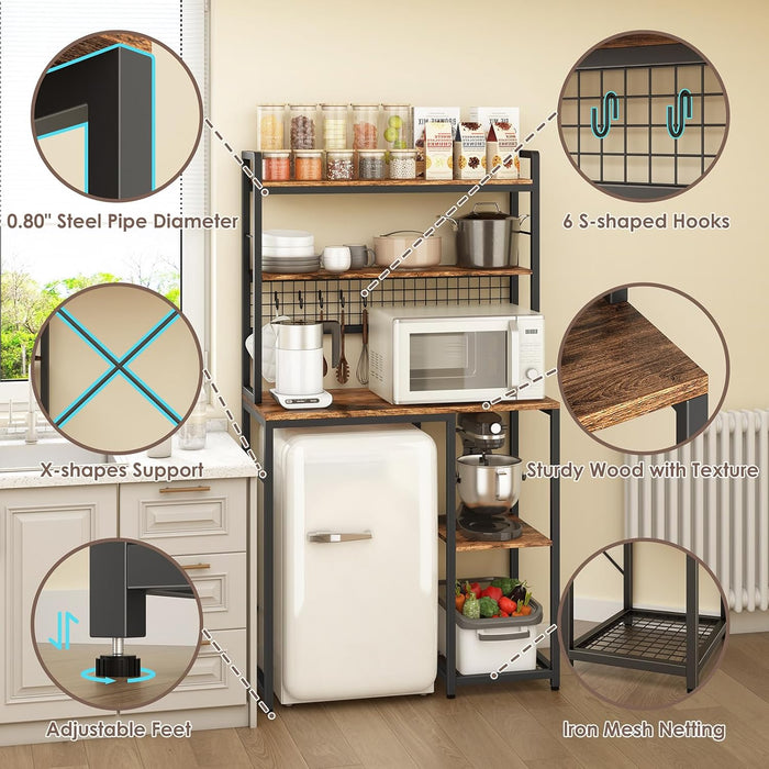 Multi-Functional Mini Fridge Stand, Mini Fridge and Microwave Storage Shelves with Power Outlet, Large Bakers Rack and Storage for Kitchen Appliances, Perfect for Dorm Kitchen Coffee Bar