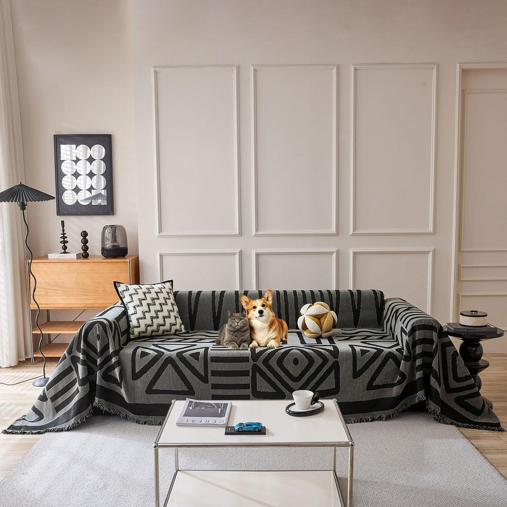VClife Bohemian Dark Gray Black Geometric Sofa Couch Cover 71 X 134