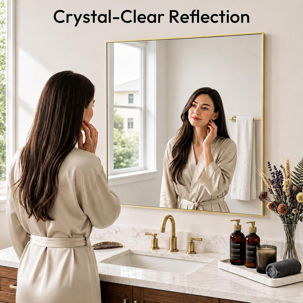 36x36 Inch Satin Gold Square Bathroom Vanity Wall Mirror
