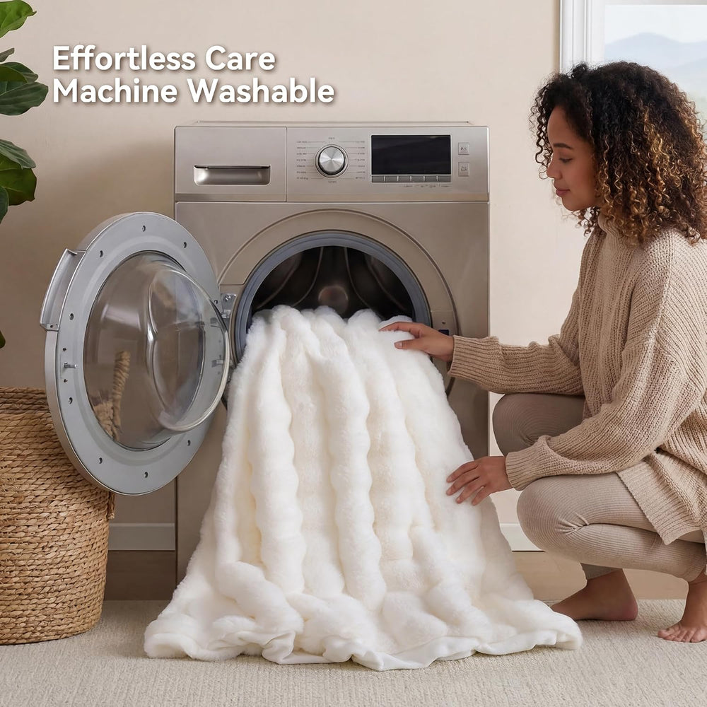 Smoofy Faux Rabbit Fur Throw for Couch - Cream White Bubble Blanket 50"x...