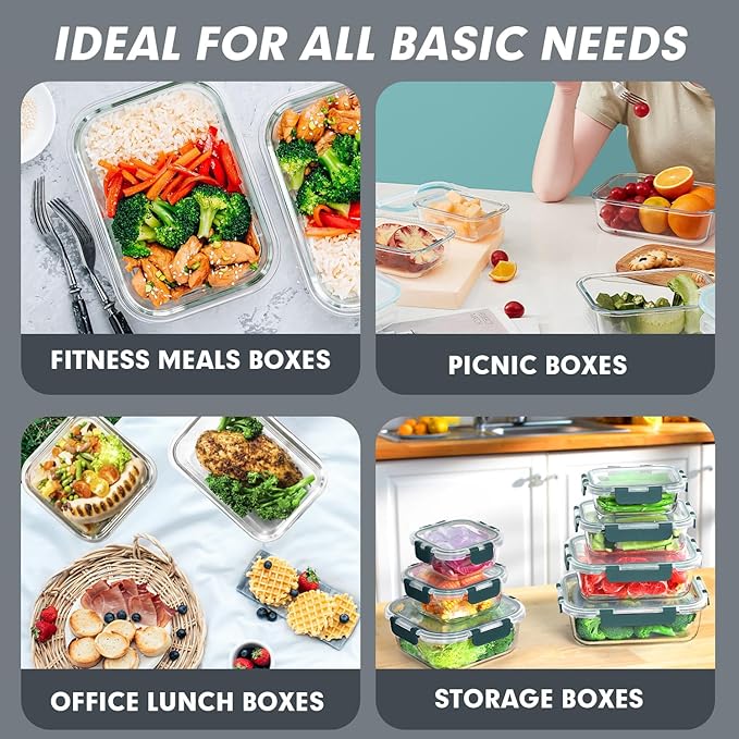 VERONES 30 Pieces Glass Meal Prep Containers Set, Stackable Glass Food Storage
