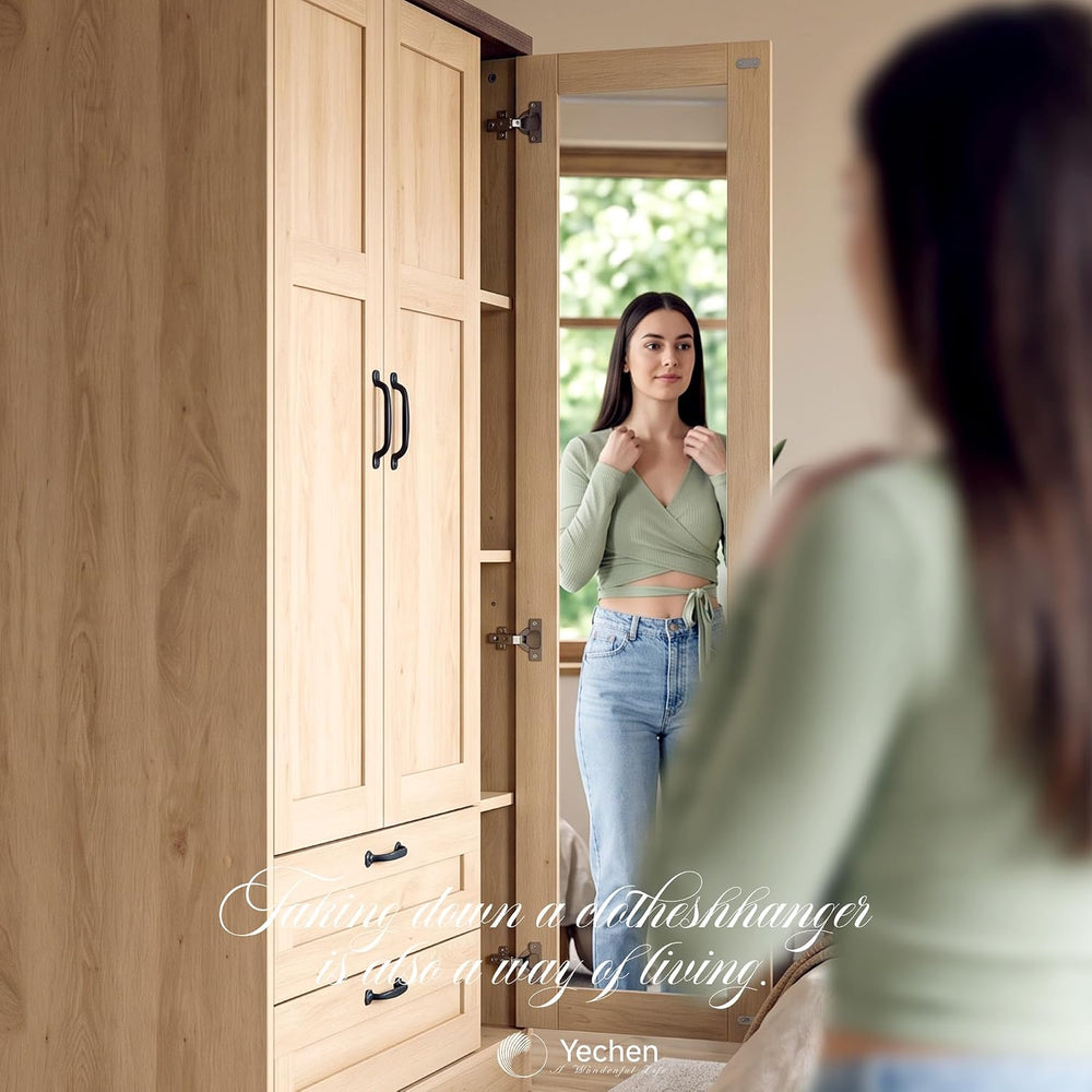 62" Wooden Armoire Wardrobe Closet with 3 Doors & 2 Drawers, Mirror