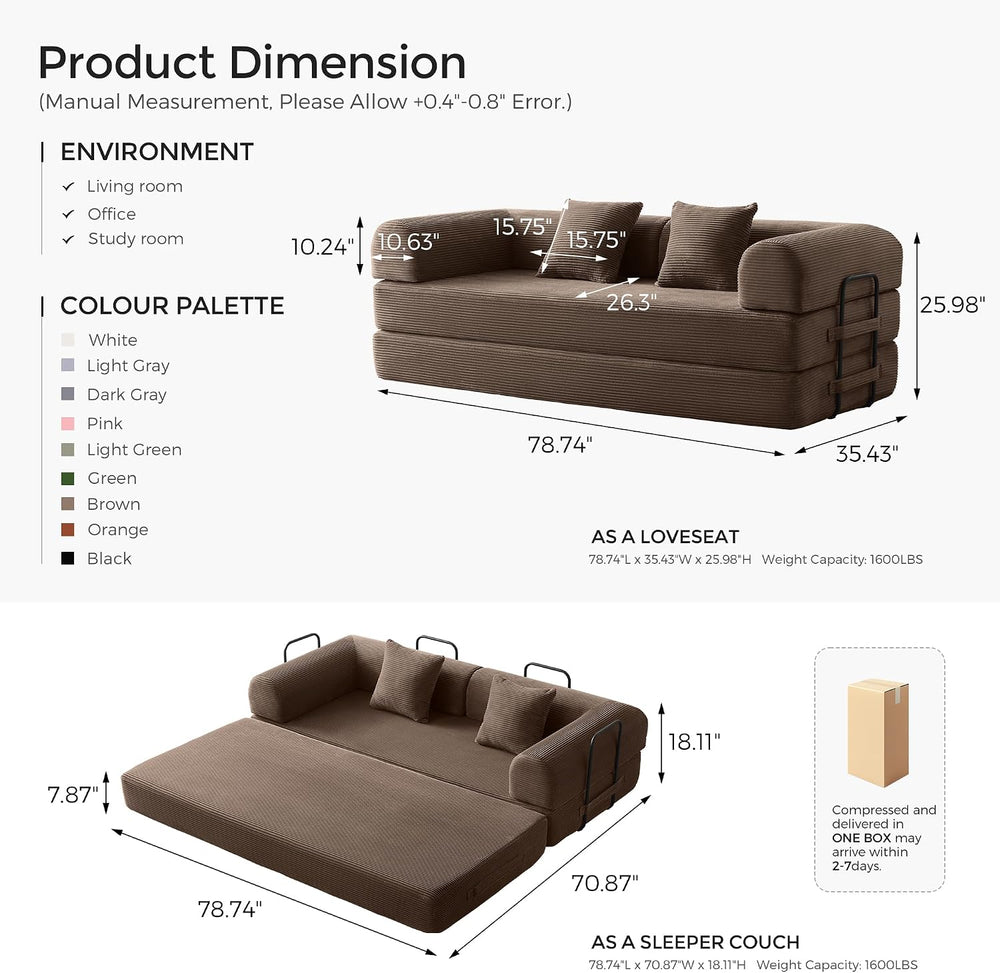 79" Convertible Futon Sofa Bed, Boneless Couch for Living Room | Brown