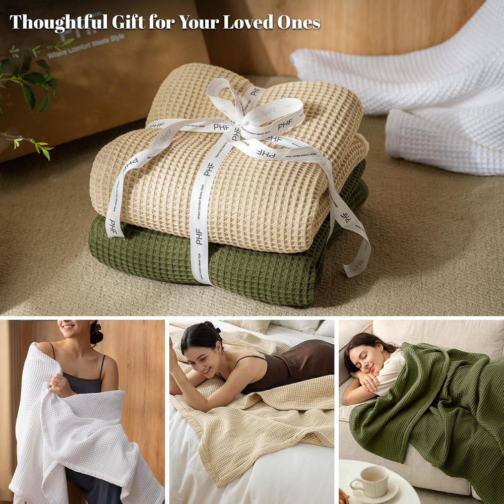 PHF 100% Cotton Waffle & Muslin Blanket Queen Size, 90" x 90", ...