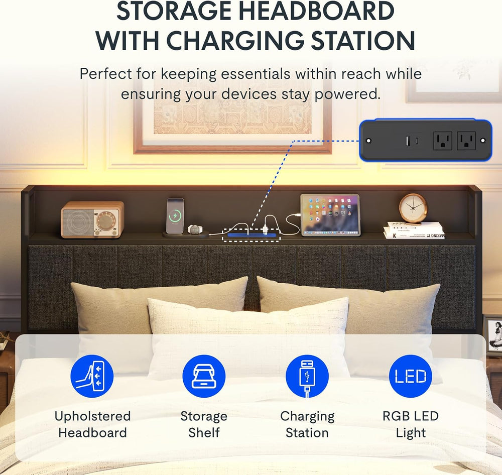FLEXISPOT Adjustable Bed Base with Storage Headboard & Charging Station