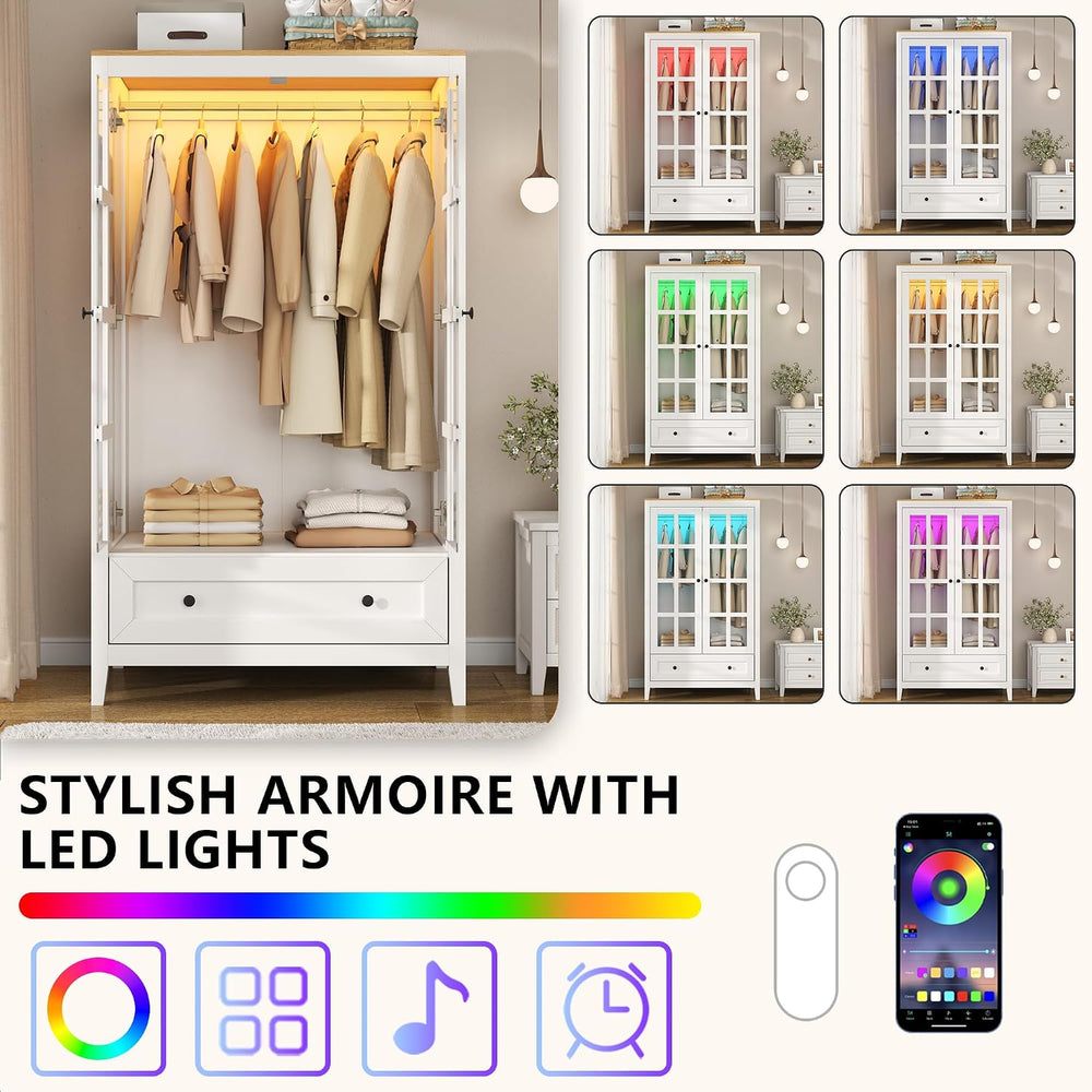 Gyfimoie Armoire Wardrobe Closet with LED Lights, 55'' Modern Clothin...