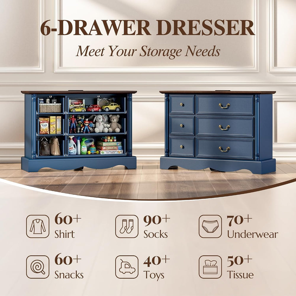 Gray Rustic 6 Drawer Wood Dresser with Charging Station