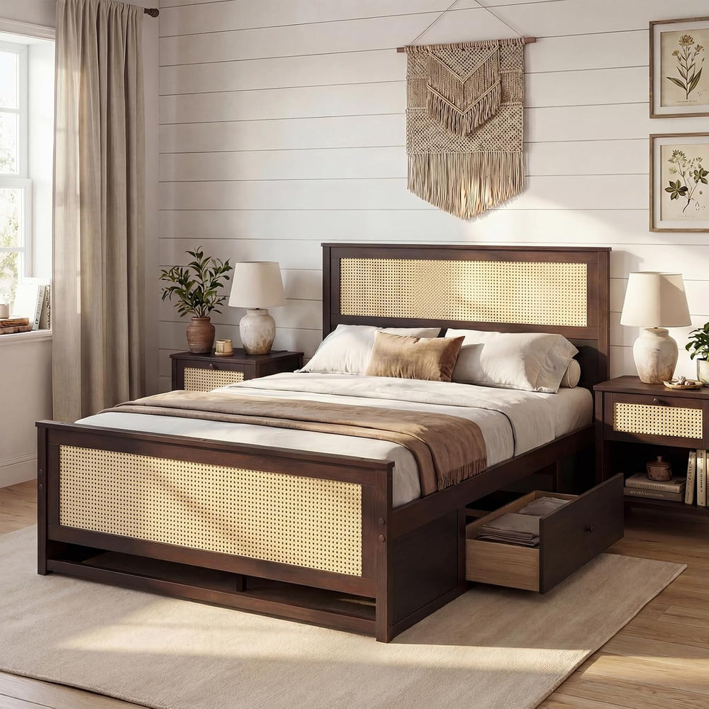 KOMFOTT Full Size Bed Frame with 2 Drawers, Rattan Bed Frame (Espresso)