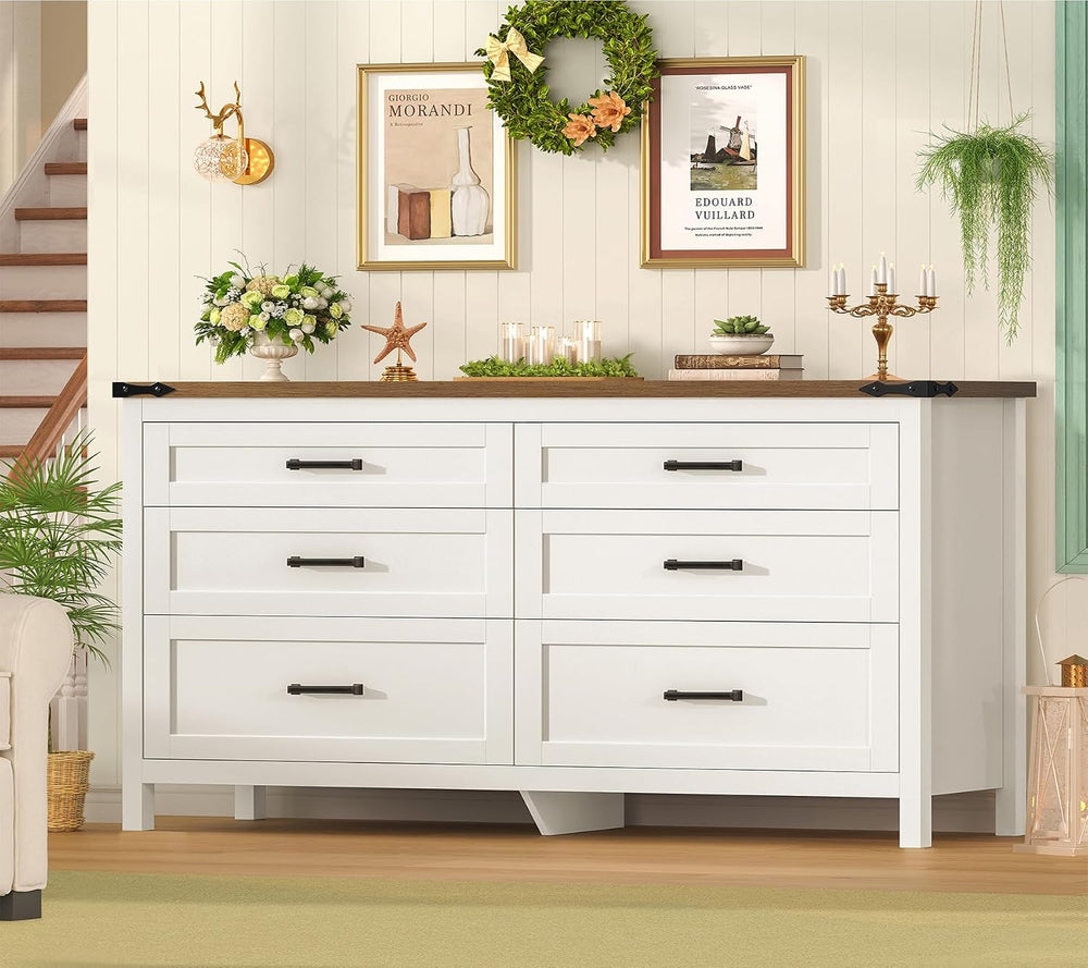 TEENFON 47.2" Dresser for Bedroom, White 6 Drawer Dresser with Metal Han...