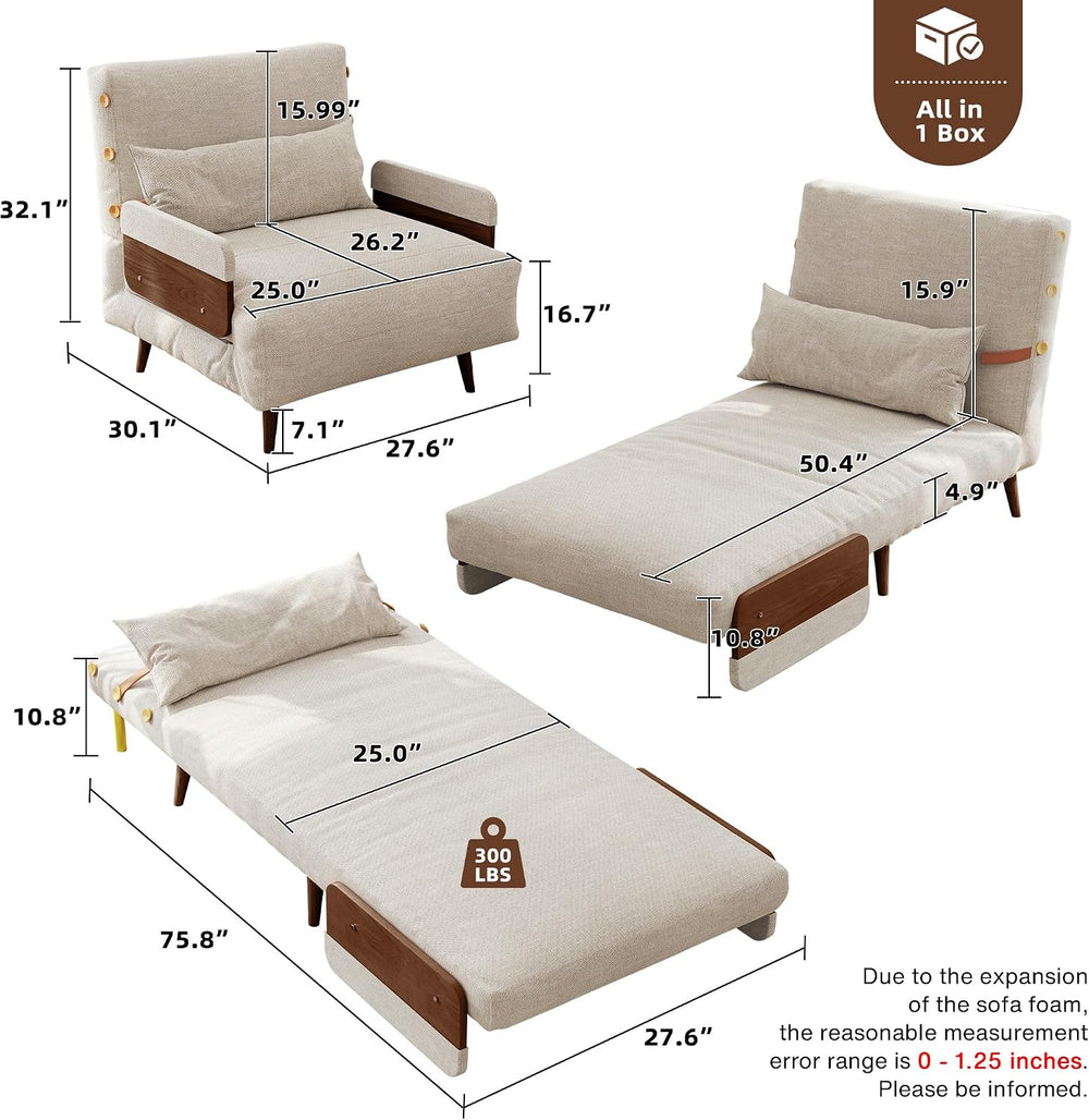 JASIWAY 3-in-1 Convertible Sleeper Chair, 28" Sofa Bed with Walnut Armrest