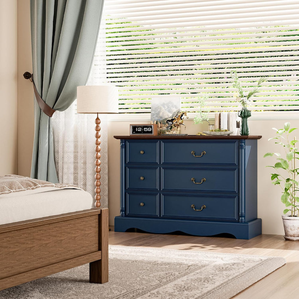 Gray Rustic 6 Drawer Wood Dresser with Charging Station