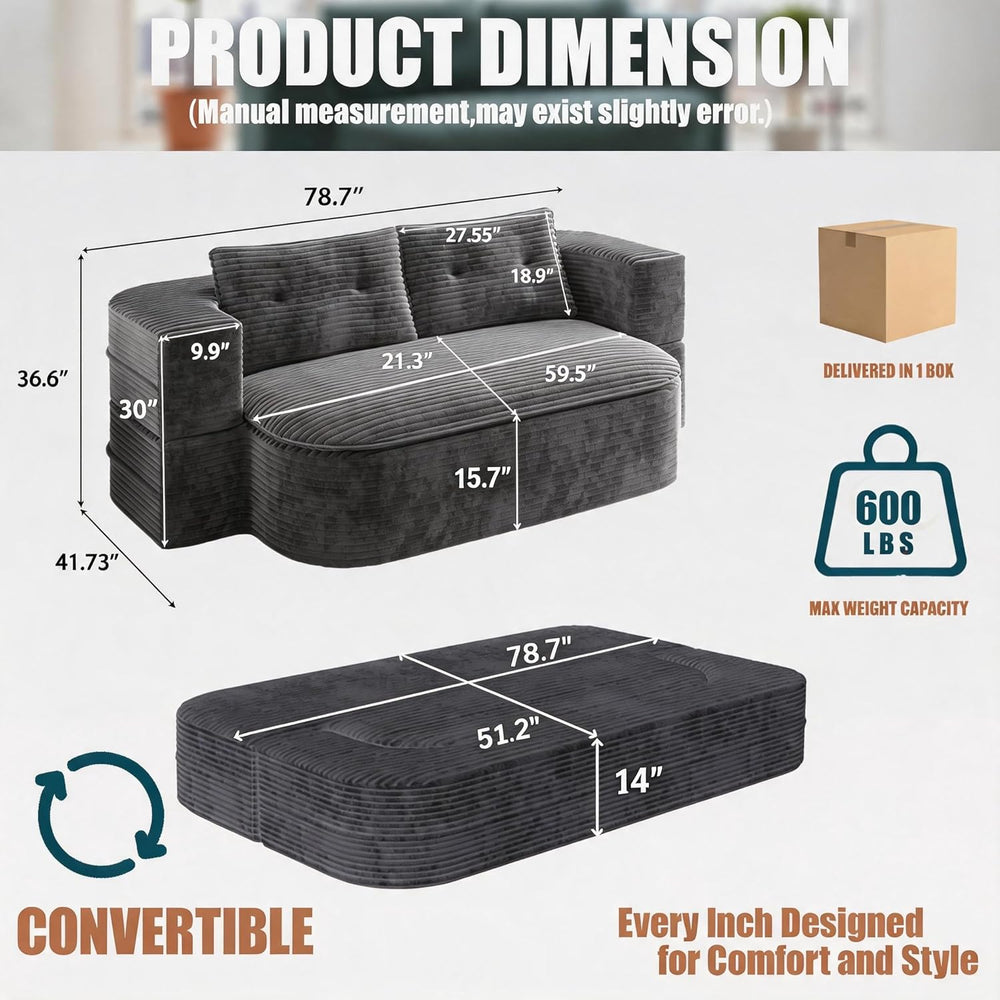 78.7" Futon Sofa Bed, Memory Foam Convertible Couch, Dark Gray