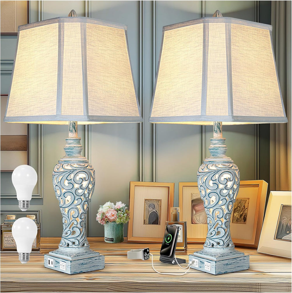 LuxSight Collection Bedside Table Lamps Set of 2 with Night Lights, Vintage