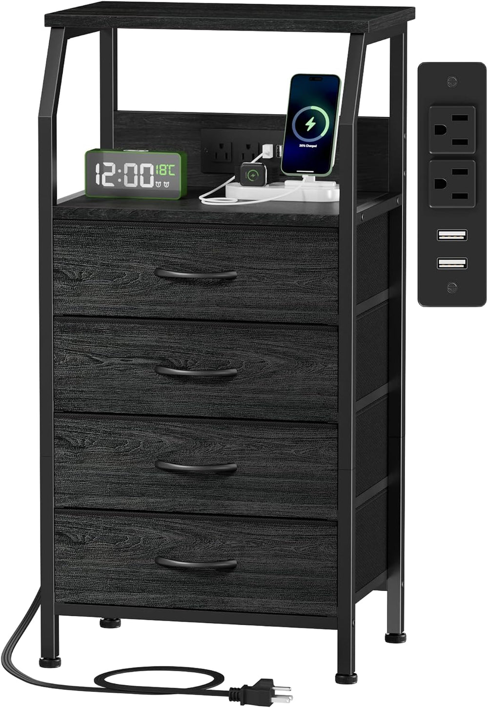 Furnulem Night Stand with Charging Station, 4 Drawer Dresser with Storage She...