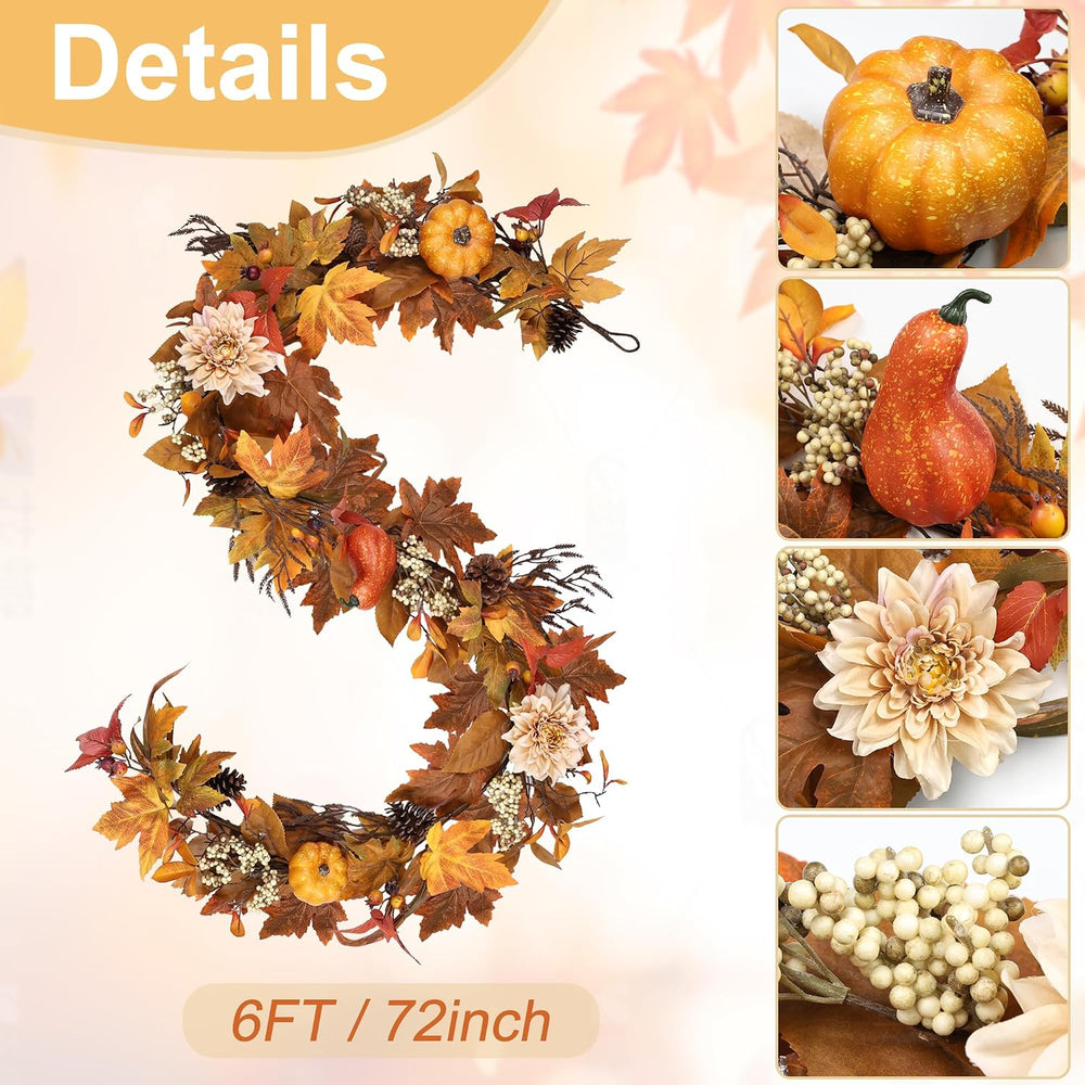 Fall Garland 6Ft Lifelike Autumn Maples Leaf Pumpkin Garland with Berries Pin...