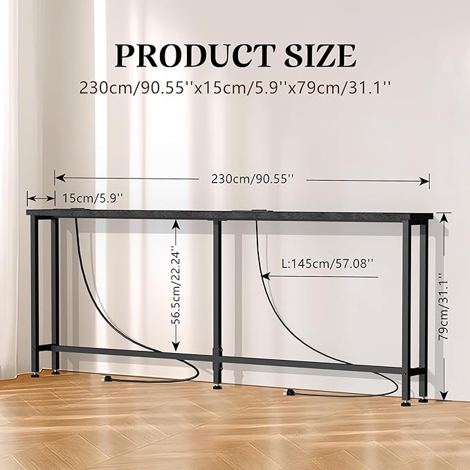 GRLEAF 90" Sofa Table with Built-in Power Strip (4 AC Outlets & 4 US...
