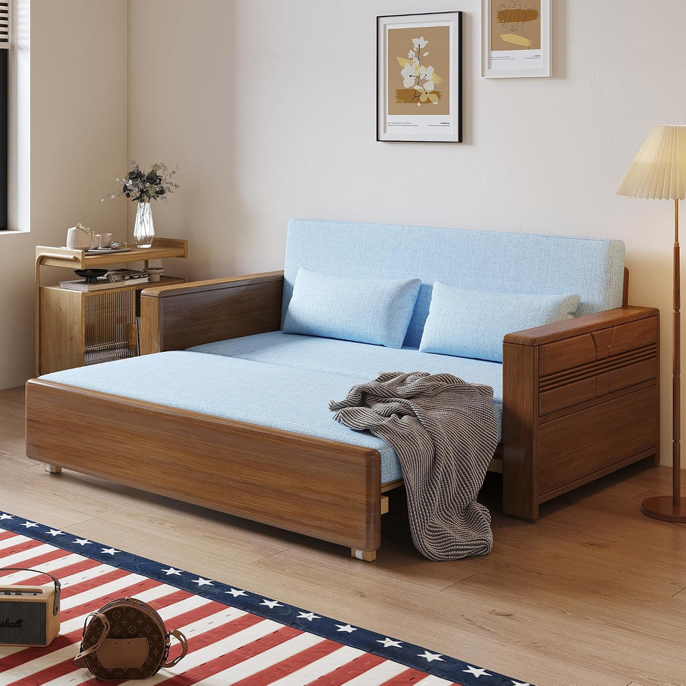 71" Solid Wood Walnut Frame Sectional Sleeper Sofa, 3-in-1 Pull Out Bed