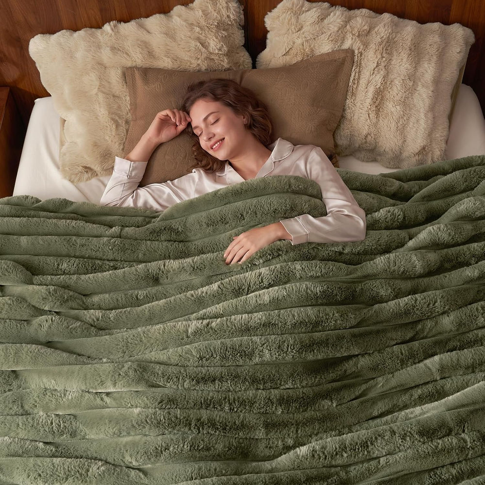 PHF Faux Fur Throw Blanket, 970 GSM Double-Sided, 50" X 60",Olive G...
