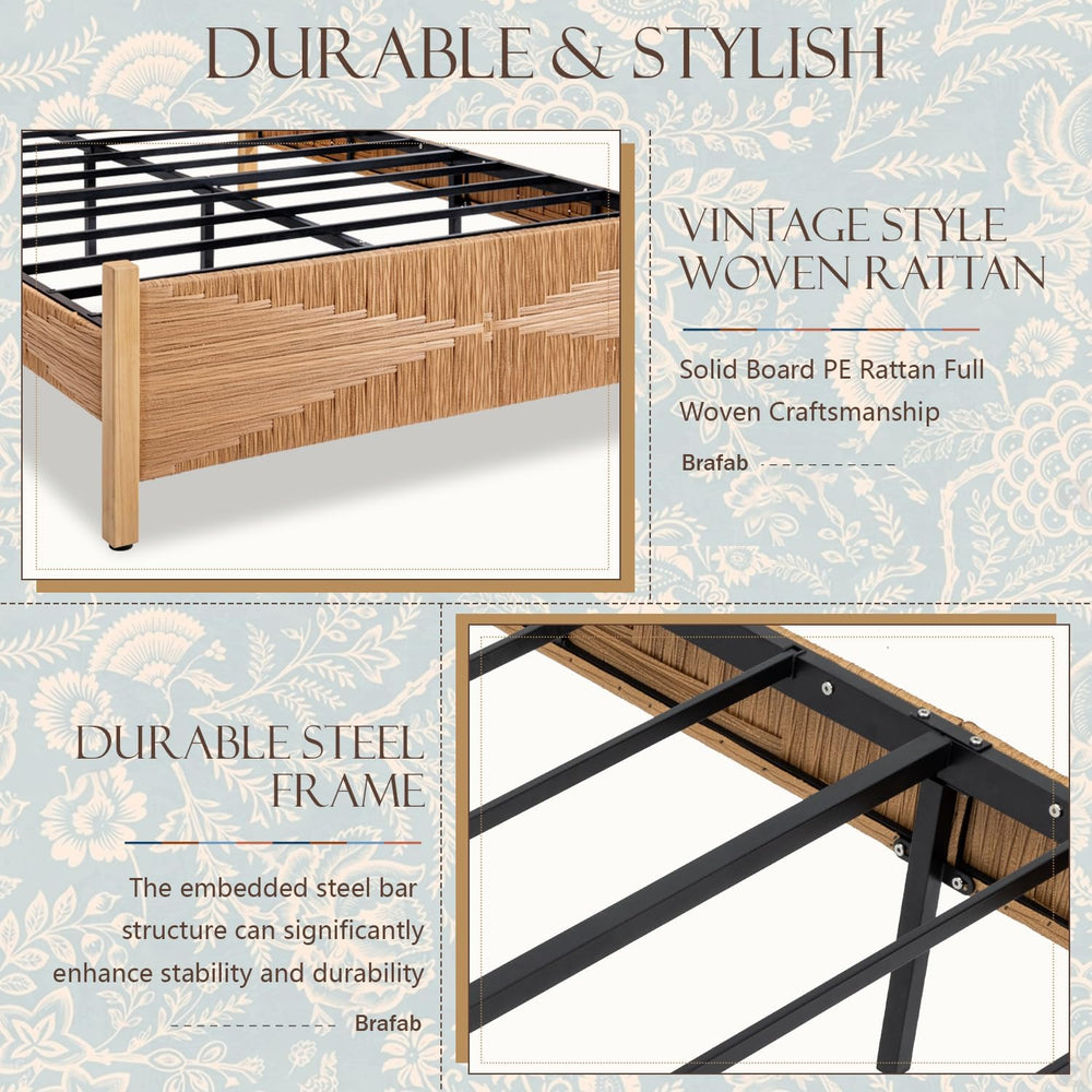 Brafab Queen Size Rattan Bed Frame, Boho Bed Frame with Hand Woven Wicker Hea...