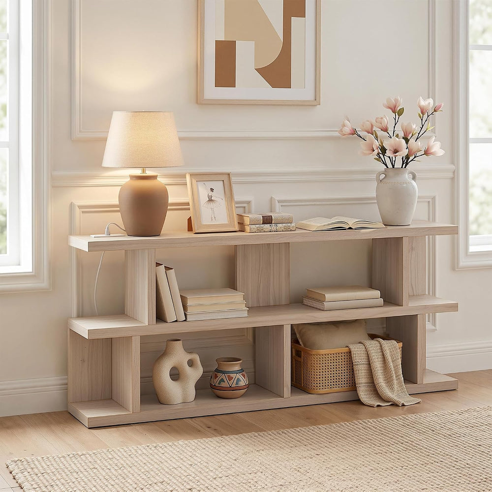TIQLAB 70.9 Inch Extra Long Sofa Table with Power Outlet, Light Walnut