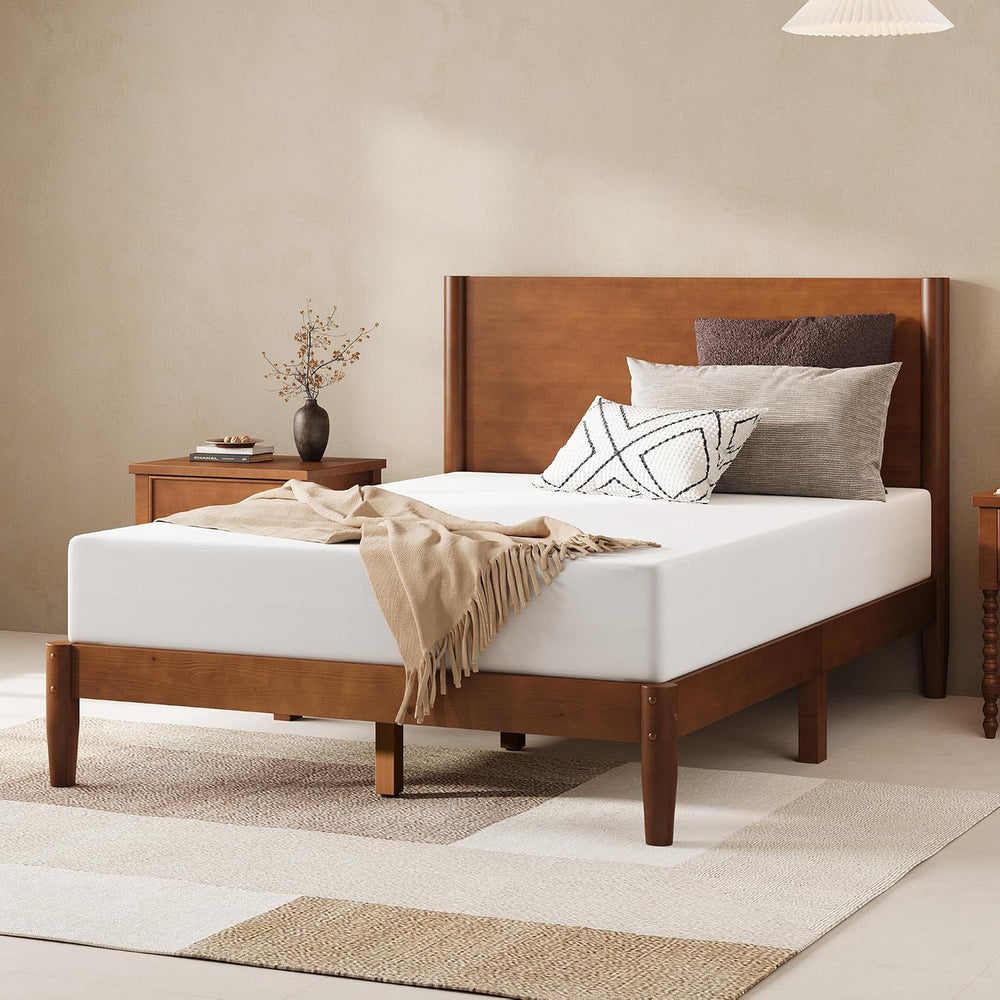 AMERLIFE Solid Wood Full Bed Frame, Mid Century Bed with Headboard, Brown