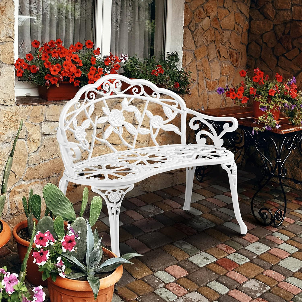 VINGLI 38.5" Patio Park Garden Outdoor Metal Rose Bench, 2-Person Cast I...
