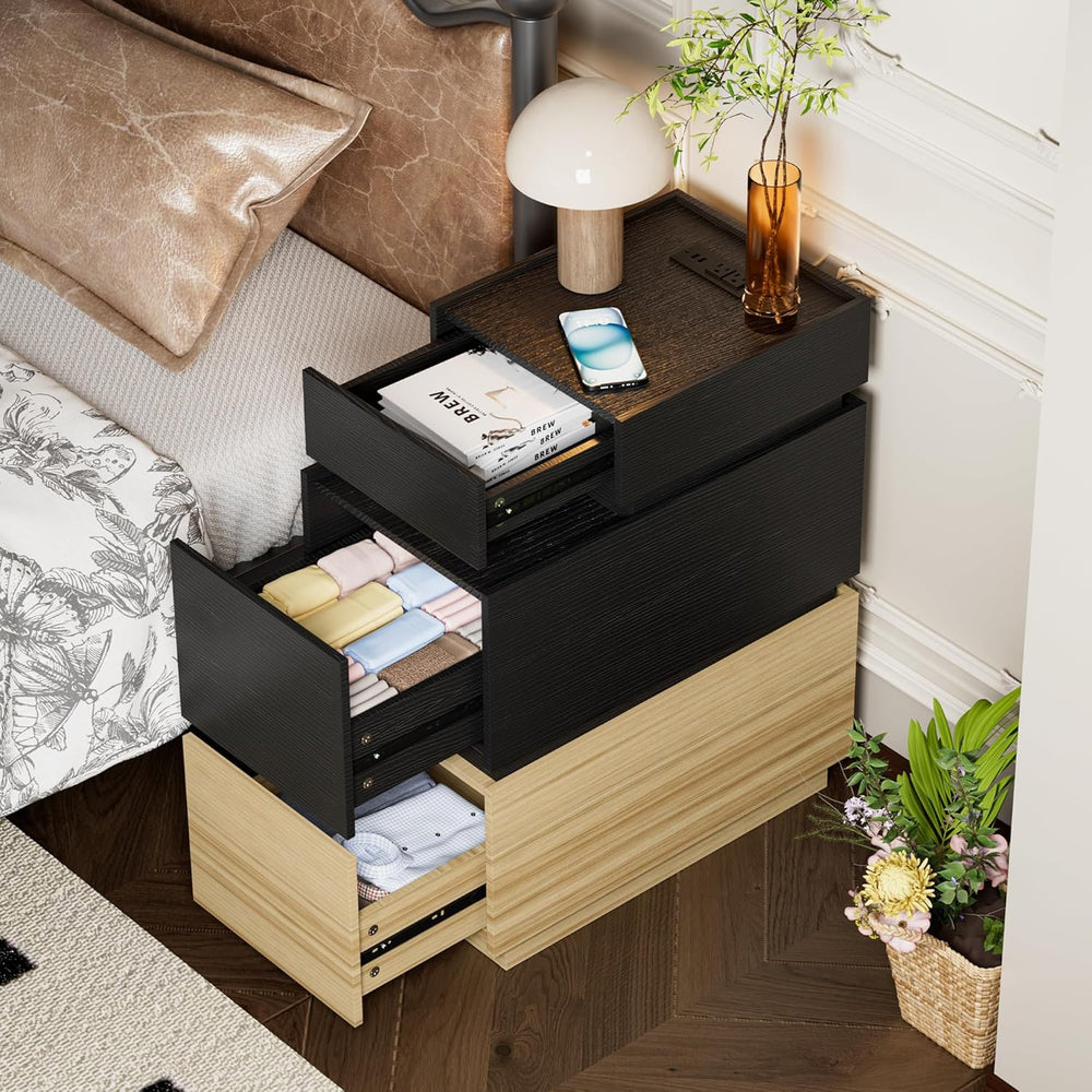 UEV End Table with Charging Station, Nightstand with Drawers and Storage, Nar...
