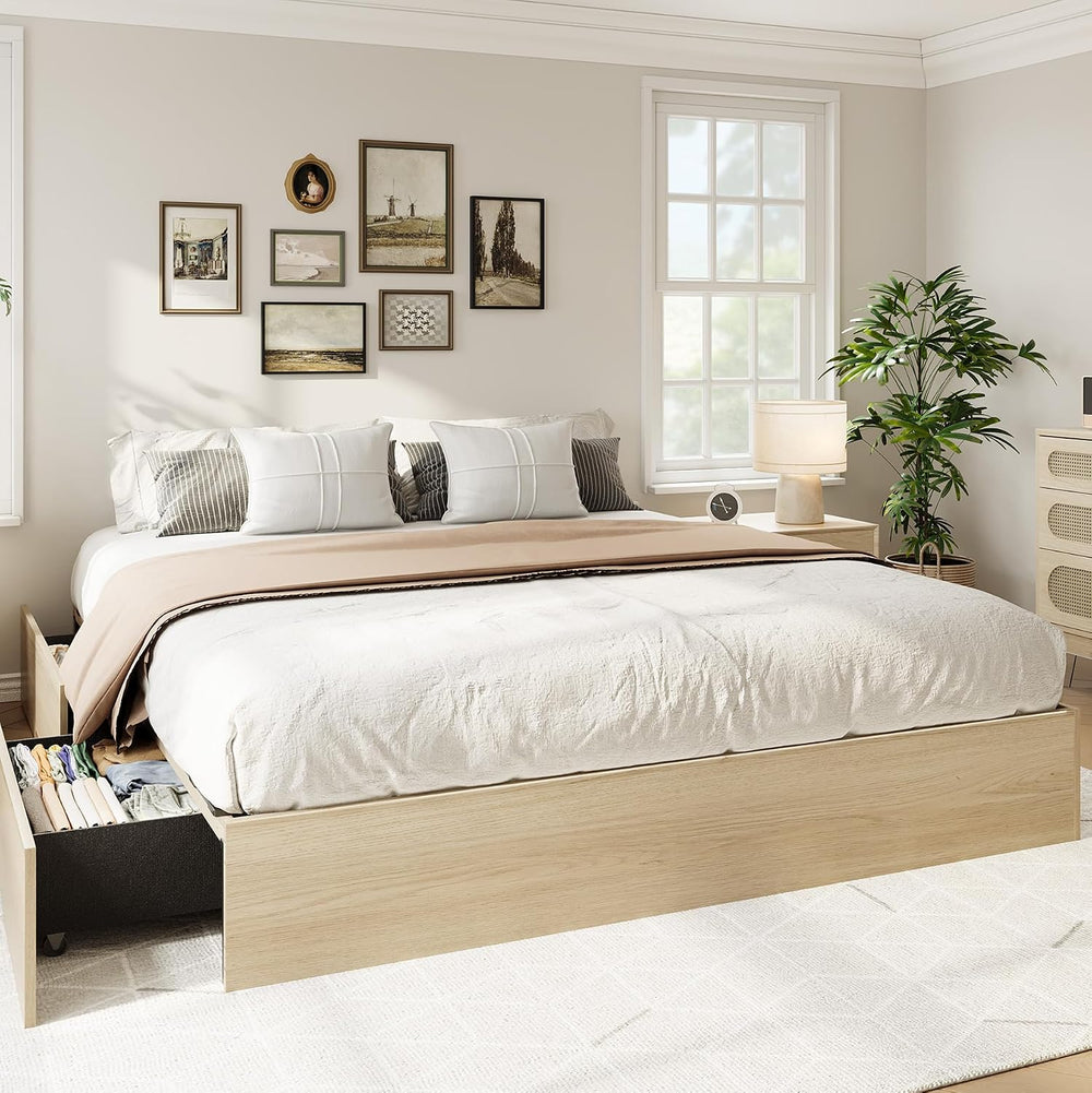 IDEALHOUSE Full Bed Frame with 2 Storage Drawers,Wooden Floor Bed Frame