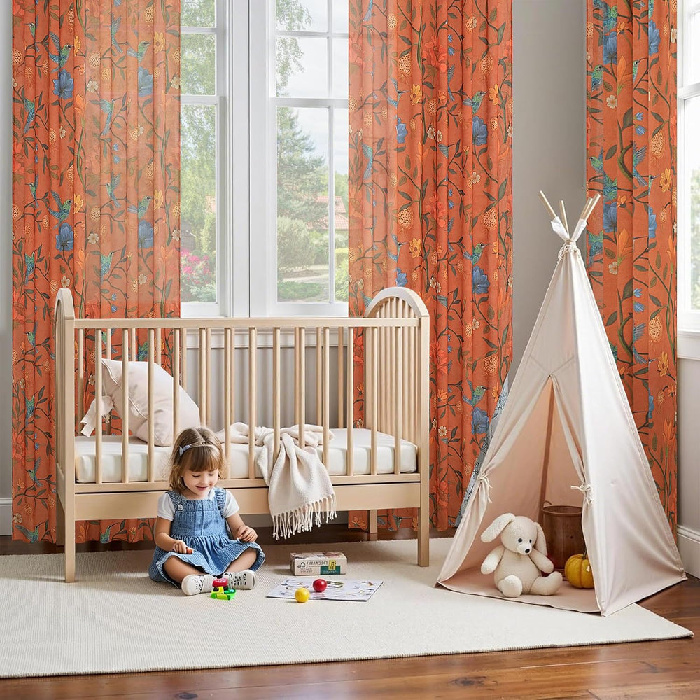 Terracotta Floral Linen Curtains, Boho Whimsical Bird Print Curtains for Bedr...