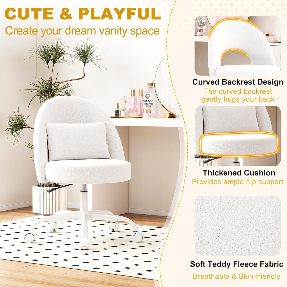 Misolant Vanity Chair with Back, Armless Cute Office Chair with Wheels for Gi...