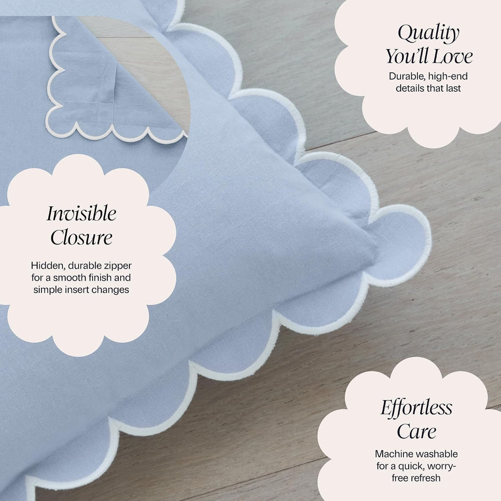 BEBE BASK Scalloped Pillow Cover Set of 2, 18x18, Cotton - Sky Blue/White