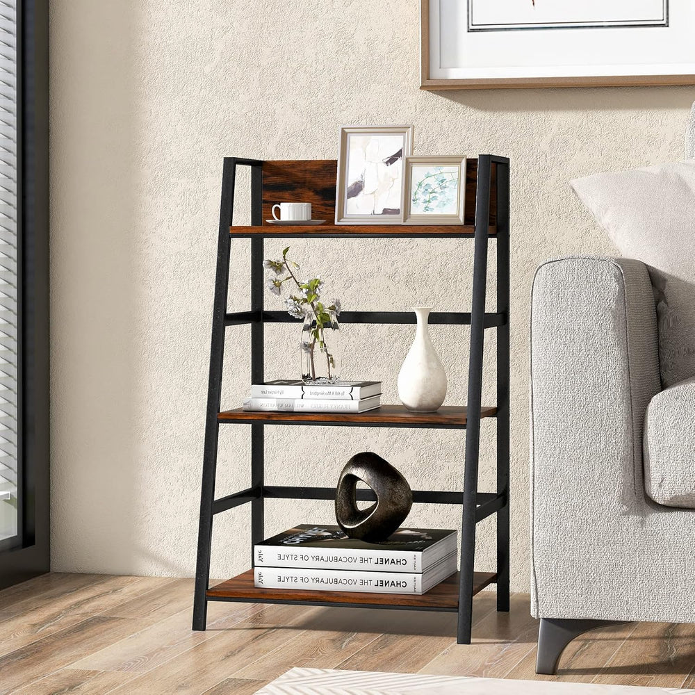 Tangkula 3-Tier Ladder Bookshelf, Industrial Wooden Bookcase w/Metal Frame, A...