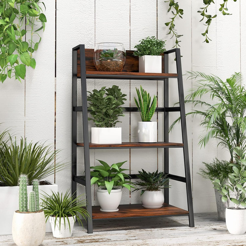 Tangkula 3-Tier Ladder Bookshelf, Industrial Wooden Bookcase w/Metal Frame, A...