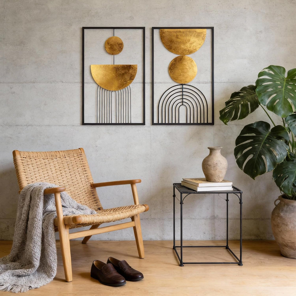 Abstract Geometric Wall Decor Set, Gold and Black Metal Wall Art with Circula...