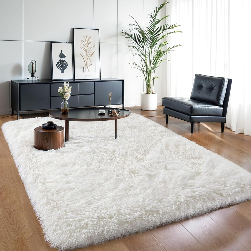 5x7 Thick Cream White Shag Rug for Girls Bedroom, Soft Plush Carpet