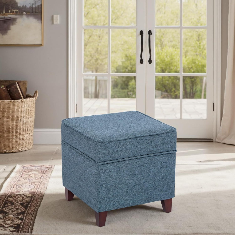 Adeco 17" Square Ottoman with Storage, Small Blue Storage Ottoman Foot R...