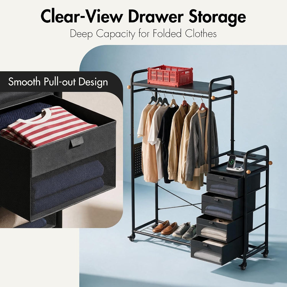 WLIVE Black Dresser with Hanging Rack, 4 Drawer Dresser for Bedroom, Closet