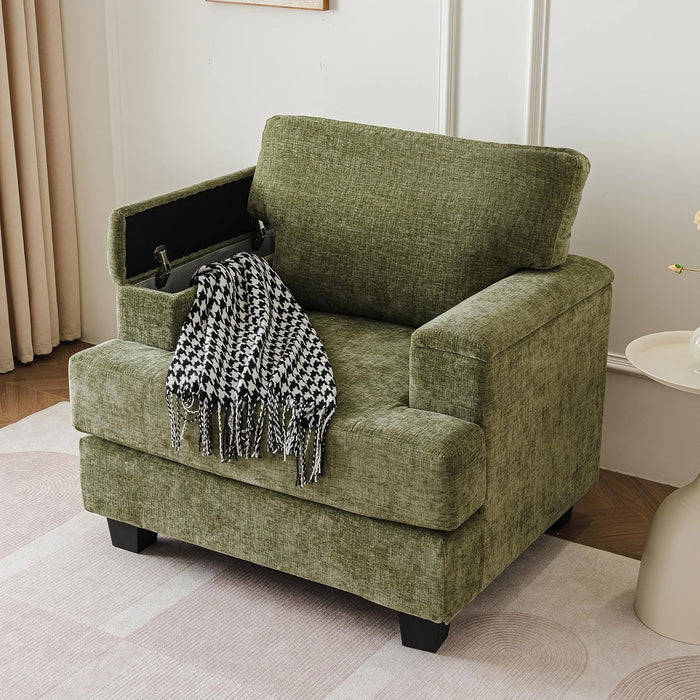 Oversized Accent Chair with Armrest Organizer,Comfy Living Room Chairs with Thick Cushion,Upholstered Modern Armchair,Big Reading Chair,Sofa Chair for Bedroom,Green
