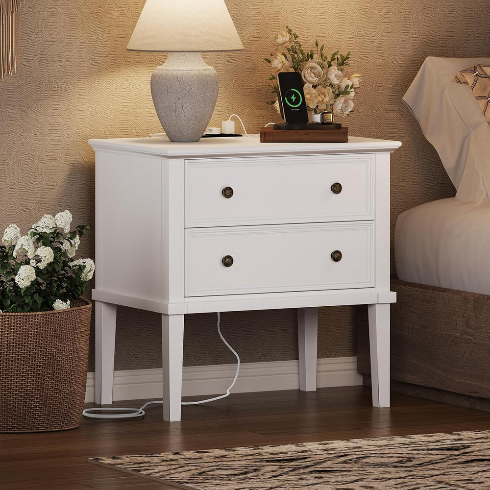IKENO Solid Wood Nightstand with Charging Station, Farmhouse End Table with 2...