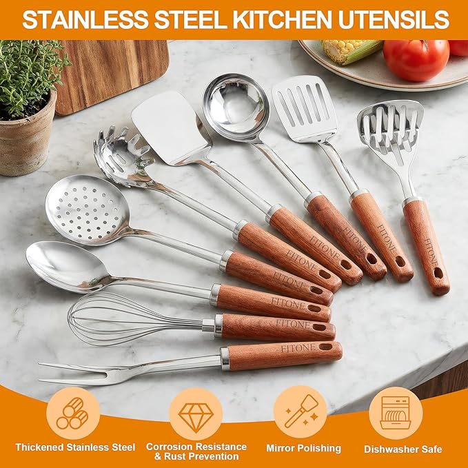 9PCS 18/8 Stainless Steel Kitchen Utensils Set, Heavy Duty Wooden Handle